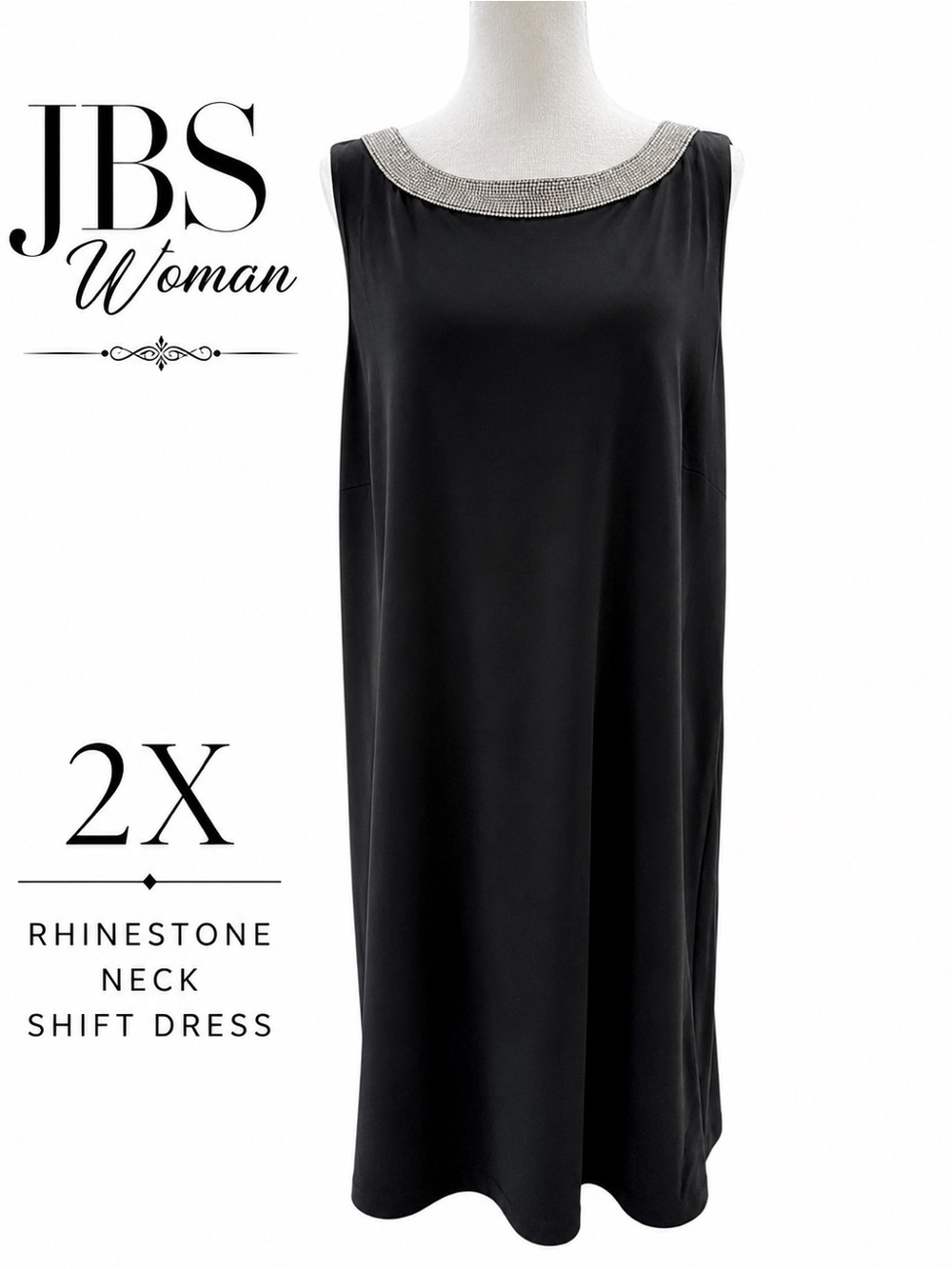 JBS Woman 2X Black Rhinestone Neck Sleeveless Shift Dress Plus Size